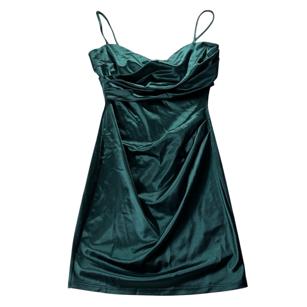 Glare Green Mini Stretch Dress Mock Cowl Overlay Sample Size Small NEW